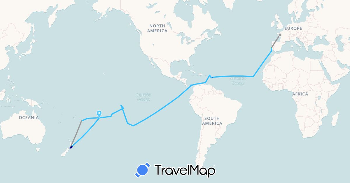 TravelMap itinerary: driving, bus, plane, hiking, boat, hitchhiking in Cook Islands, Colombia, Cape Verde, Ecuador, Spain, France, Guadeloupe, Netherlands, Niue, New Zealand, Panama, French Polynesia, Pitcairn Islands, Portugal, Tonga, Venezuela (Africa, Europe, North America, Oceania, South America)